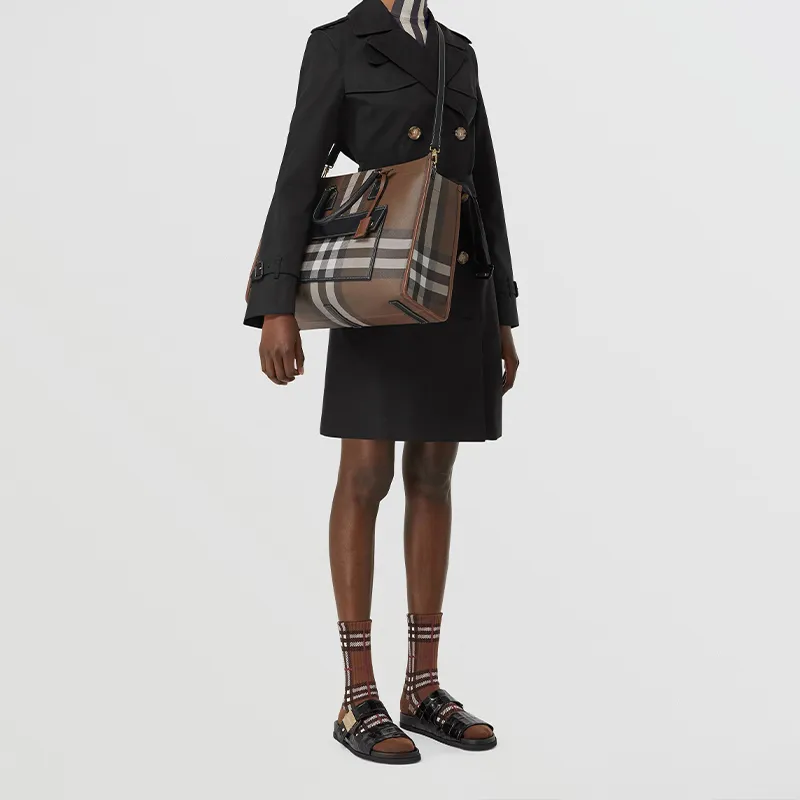 Burberry Check And Leather Freya Tote Bag Medium Dark Birch Brown-6
