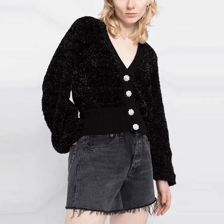 GANNI Sparkle Knit Puff Sleeve Cardigan 'Black'-1