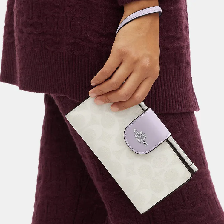 COACH Tech Wallet Canvas With Leather Clutch Wallet Small Size Women's White & Purple-3