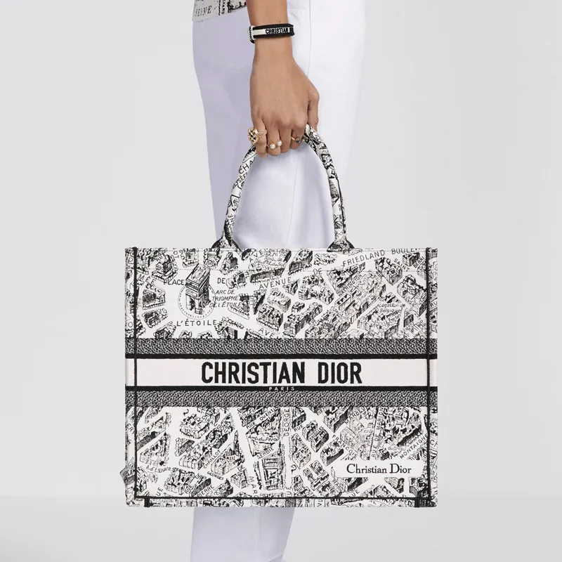 DIOR BookTote Embroidery Tote Bag, Shopping Bag, Handbag Tubas Women's White/Black-5