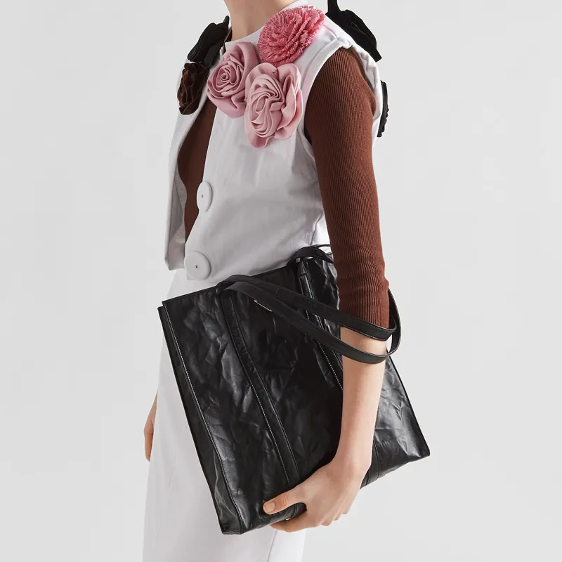 PRADA Small Antique Nappa Leather Tote Black-5