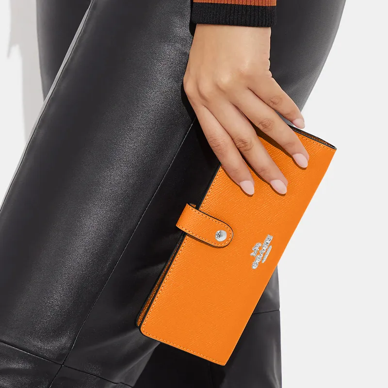 COACH Slim Wallet Cross-Stitch Leather Coin Purses Wallets Women's Bright Orange-4