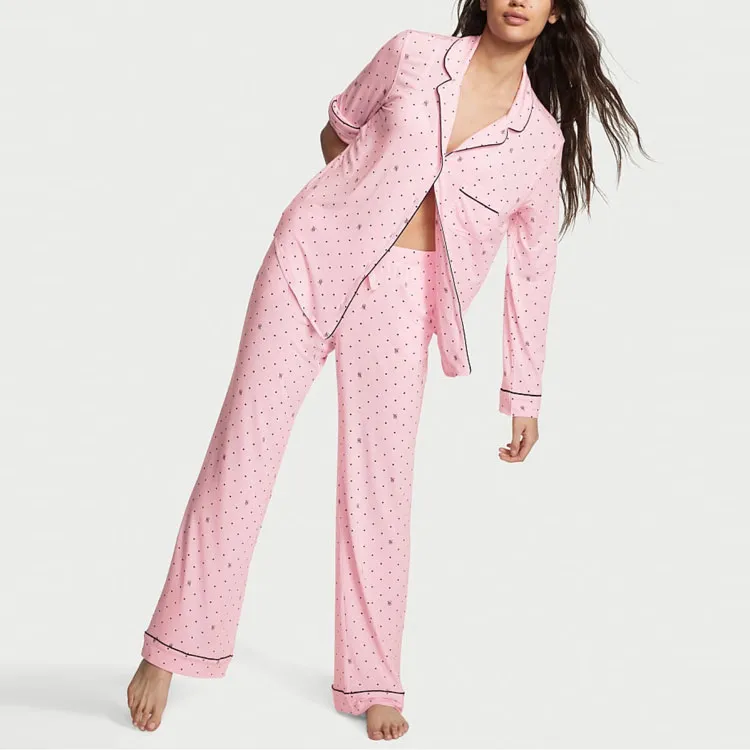 Victoria's Secret Modal Long Pajama Set Pajama Set Women's Pink Polka Dot-1