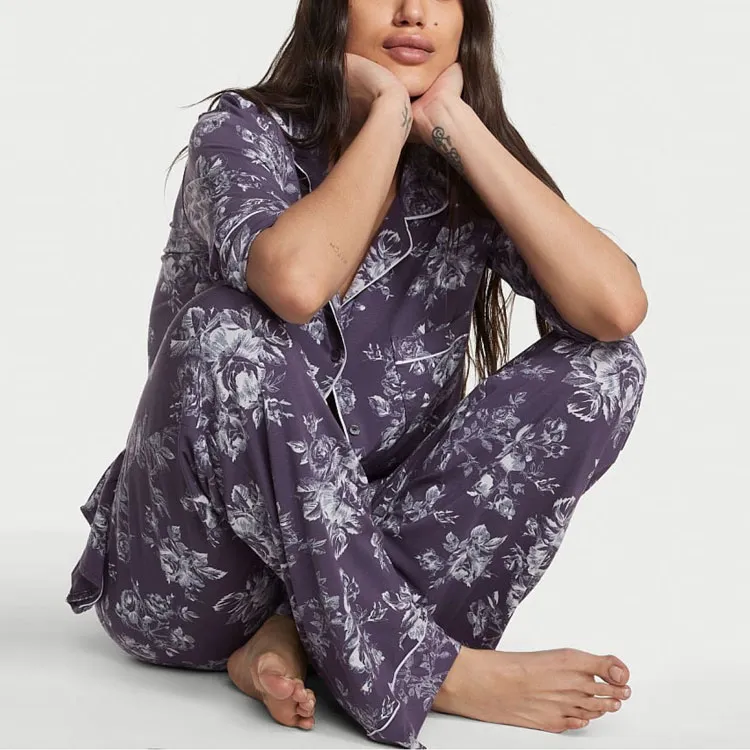 Victoria's Secret Modal Long Pajama Set Pajama Set Women's Gray Purple-1