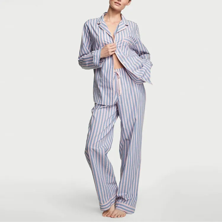 Victoria's Secret Cotton Long Pajama Set Pajama Set Women's Blue Pink-1