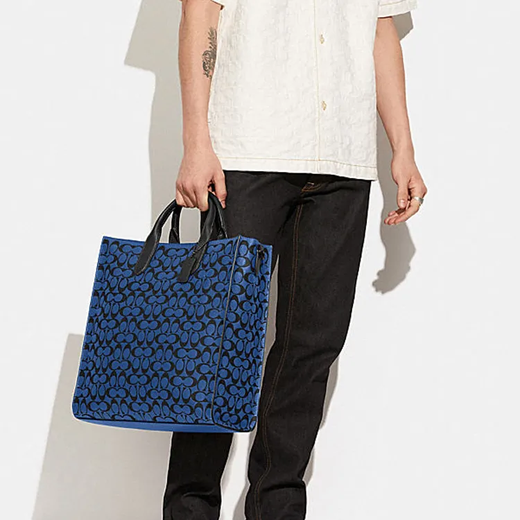 COACH Cow Leather Tote Bag Shopping Bag Shoulder Bag Crossbody Bag Handbag Large Size Men's Blue-3