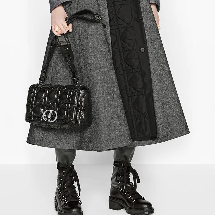 DIOR Caro Cow Leather Shoulder Bag Crossbody Bag Large Size Women's Black Silver-6