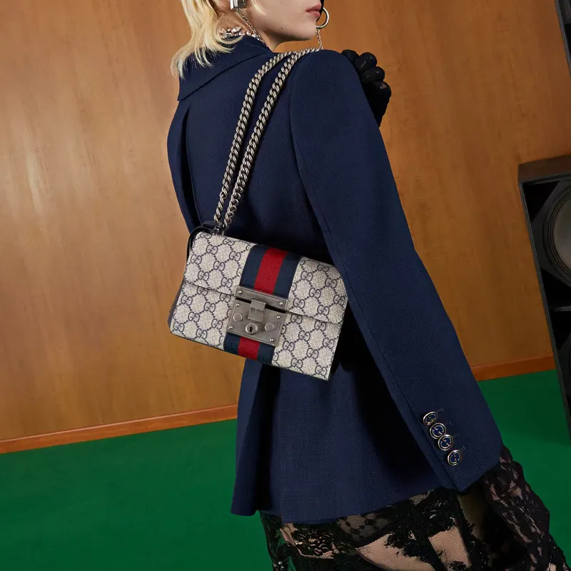 GUCCI Padlock Canvas With Leather Box Bag, Shoulder Bag, Crossbody Bag Trumpets Women's Light Camel/Blue/Red-7