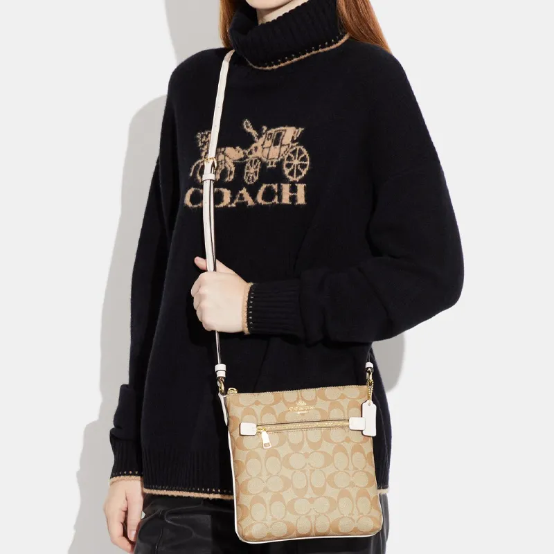 COACH Rowan Coated Canvas With Smooth Leather Document Bag, Shoulder Bag, Crossbody Bag Mini Women's Light Khaki-3