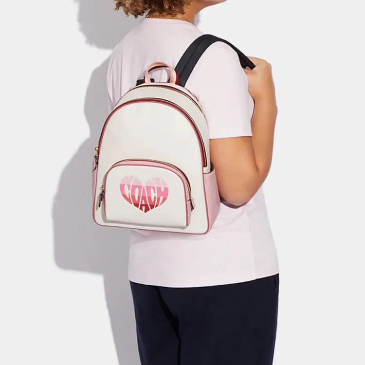 COACH Court Cow Leather With Textile Backpack Large Size Women's White & Pink-3