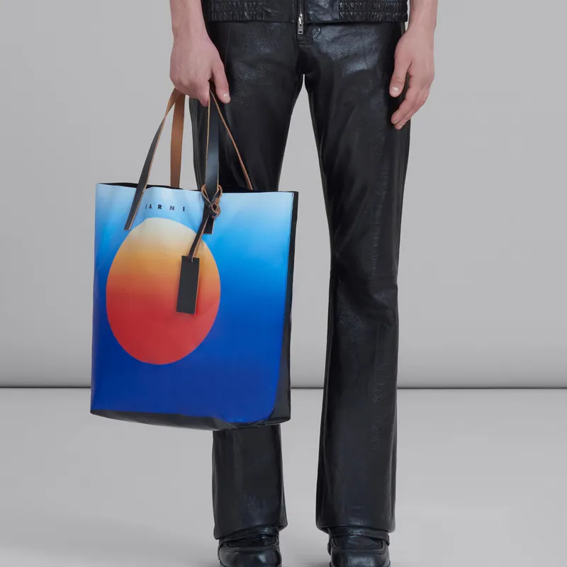 MARNI Tribeca Cow Leather Tote Bag Shopping Bag Shoulder Bag Handbag Men's Blue/Orange-3