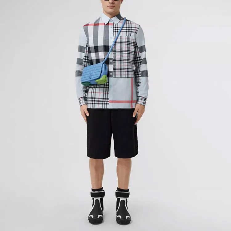 Burberry SS22 Mens Panelled Check Collar Long-Sleeve Shirt Blue-1