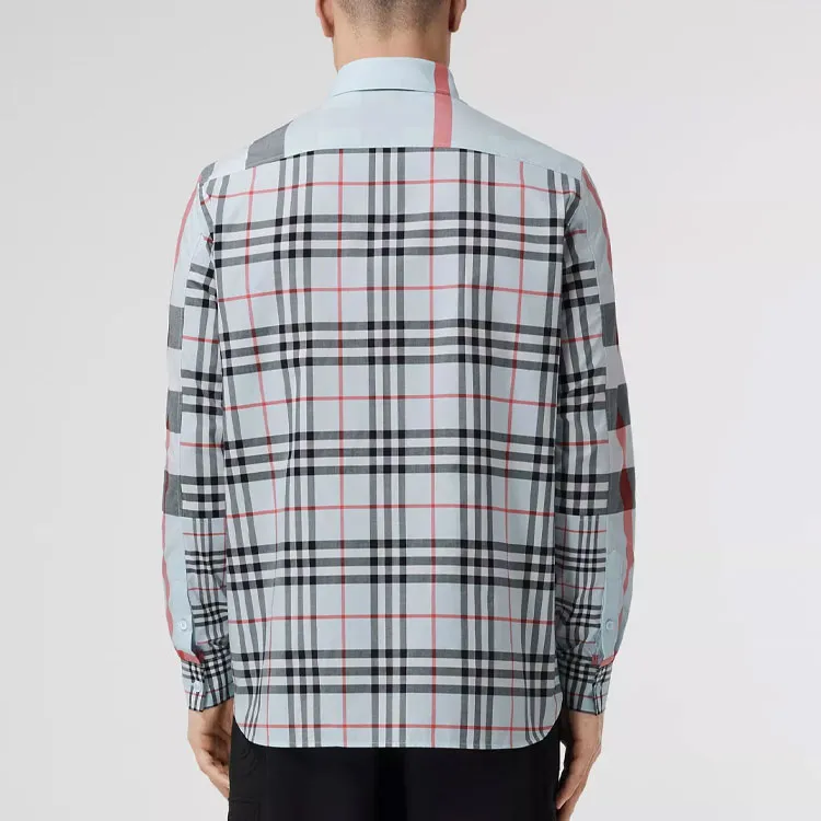 Burberry SS22 Mens Panelled Check Collar Long-Sleeve Shirt Blue-3