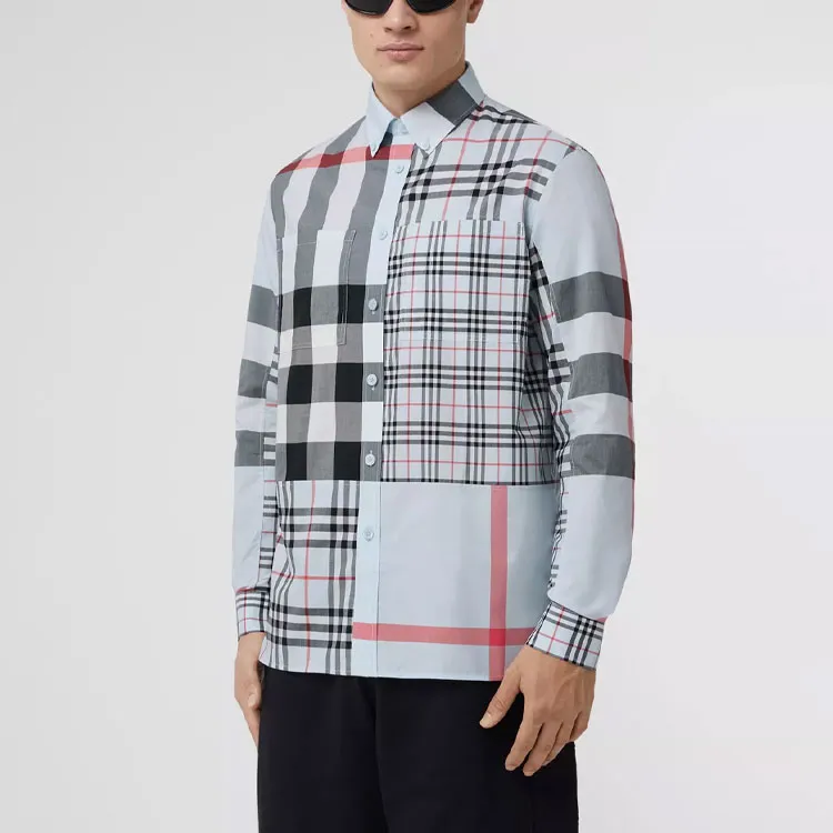 Burberry SS22 Mens Panelled Check Collar Long-Sleeve Shirt Blue-2
