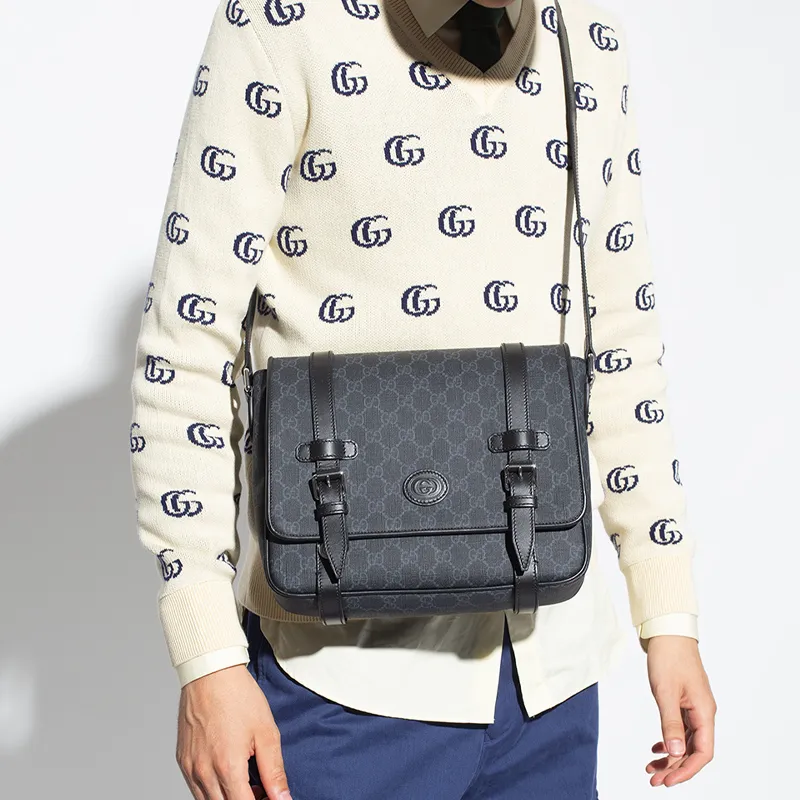 GUCCI Leather Messenger Bag Shoulder Bag Crossbody Bag Men's Black Gray Color-6