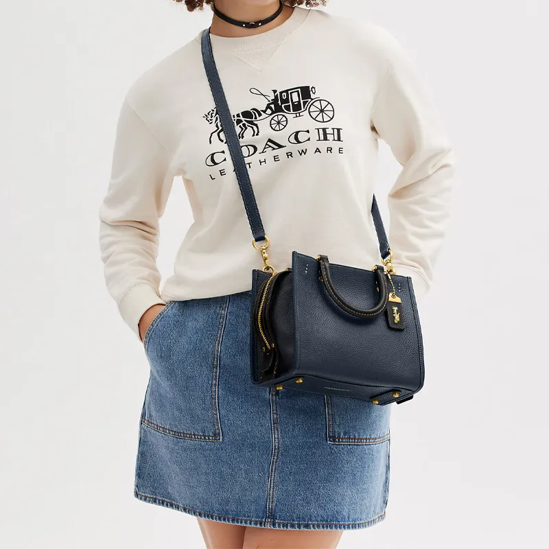 COACH Rogue Recycled Leather Tote Bag Shopping Bag Shoulder Bag Crossbody Bag Handbag Medium Size Women's Navy-6