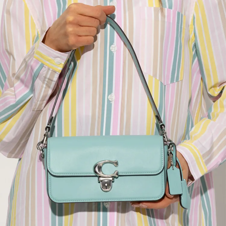 COACH Cow Leather Baguette Bag Handbag, Shoulder Bag Women's Light Blue-4