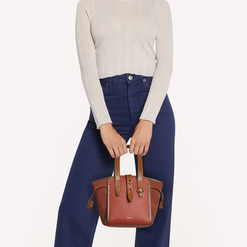 Furla Net Collection Cow Leather Basket Bag Tote Bag Shopping Bag One Shoulder Handbag Mini Women's Hazelnut Multicolor-4