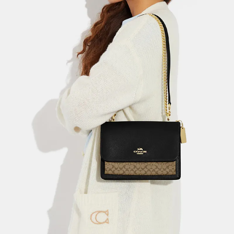 COACH Klare Canvas With Leather Small Square Bag Shoulder Bag Crossbody Bag Small Size Women's Black & Brown-4