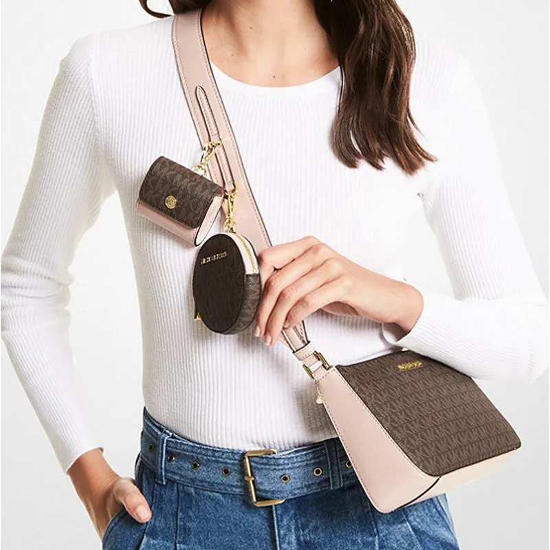 MICHAEL KORS Jet Set Travel Canvas Polyurethane 3 in 1 Shoulder Bag, Crossbody Bag Women's Dark Brown & Light Pink-2