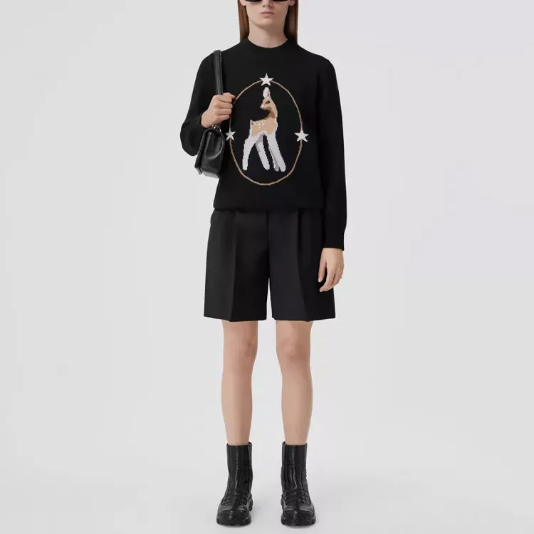 Burberry Wool Blend Deer Motif Sweater Black-2