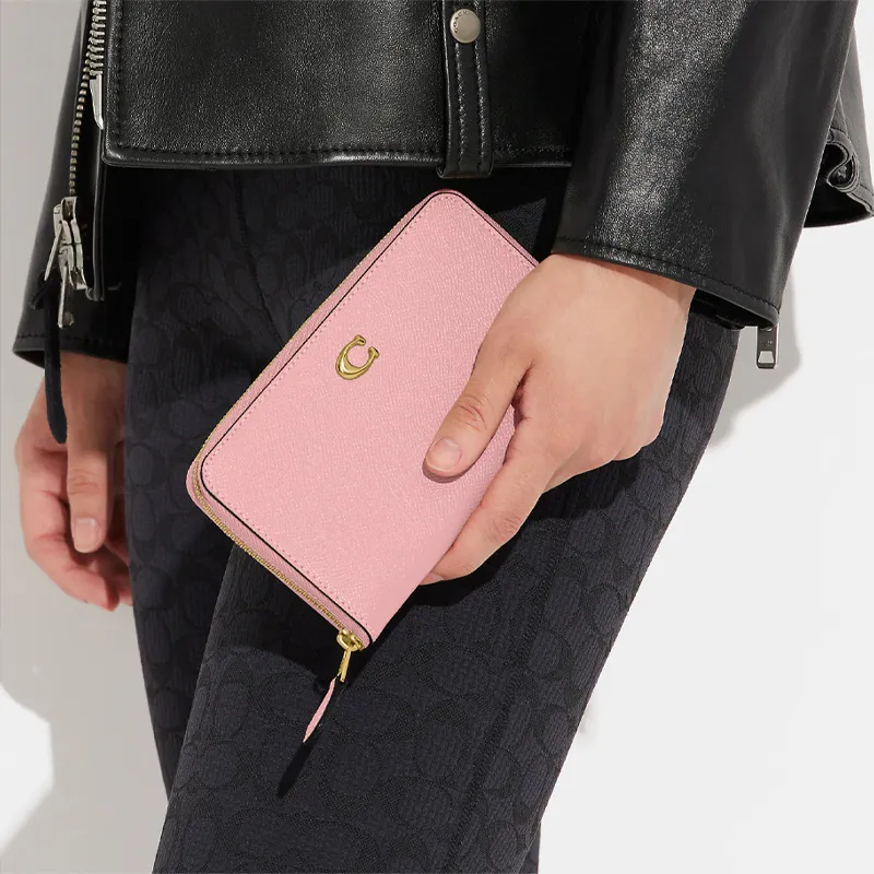 COACH Zip Around Cross Grain Cow Split Leather Wallet Medium Size Women's Cherry Blossom Pink-2