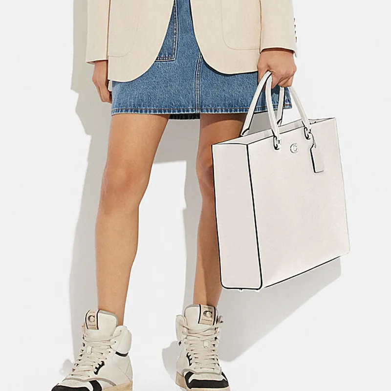 COACH Cross-Stitch Leather Canvas Tote Shoulder Bag Crossbody Bag Handbag Large Size Women's White-4