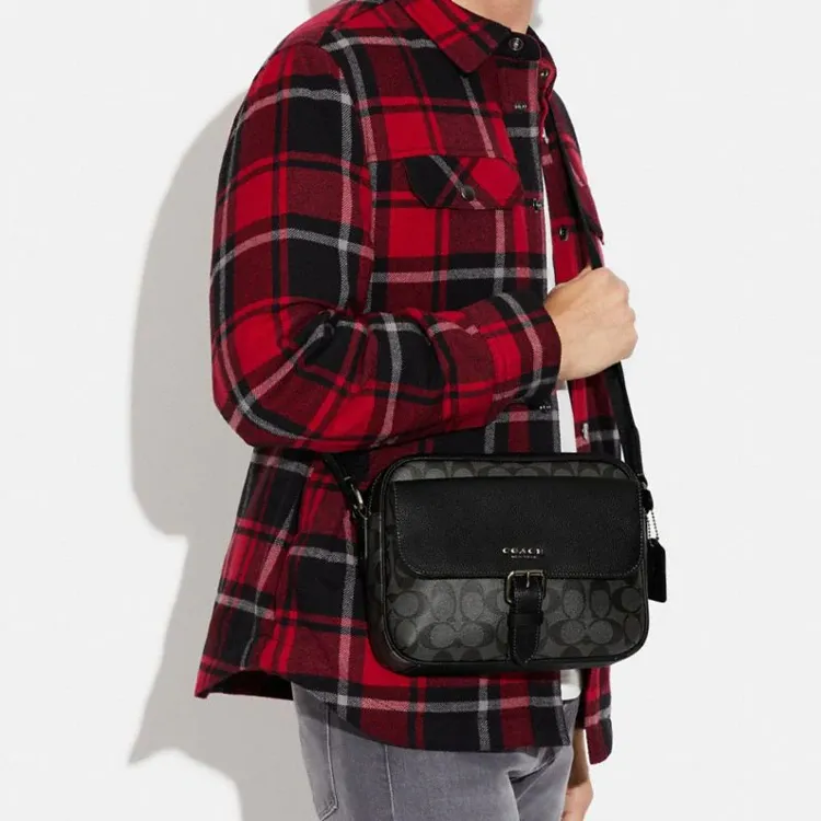 COACH Hudson Coated Canvas With Natural Pebbled Leather Shoulder Bag Crossbody Bag Medium Size Men's Black-3