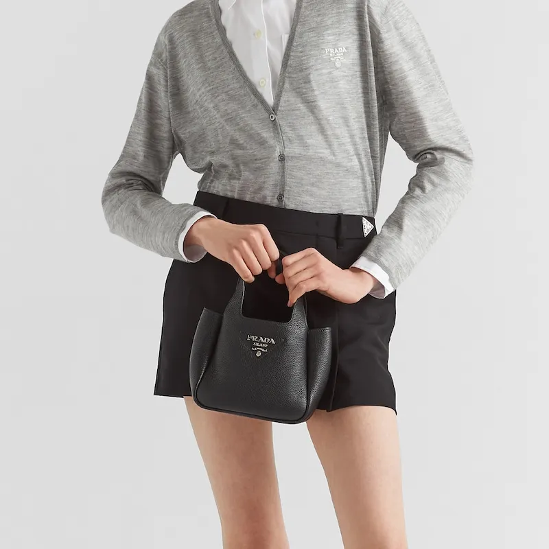 PRADA Cow Leather Litchi Grain Basket Bag, Tote, Bucket Bag, Shopping Bag Women's Black-5