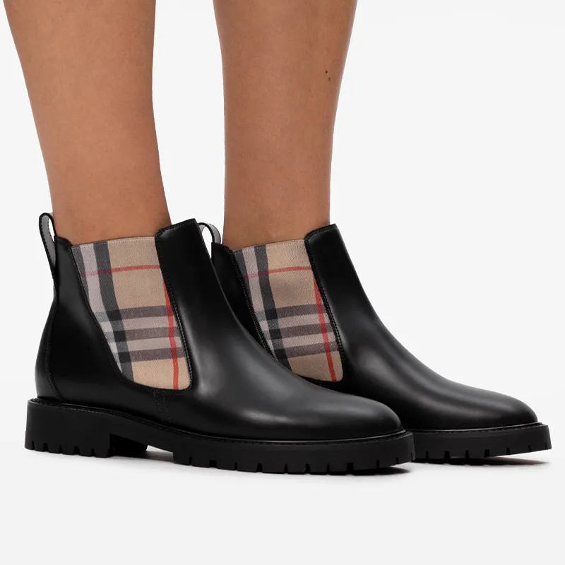 Burberry Vintage Check Leather Chelsea Boot Black Beige Women's-5