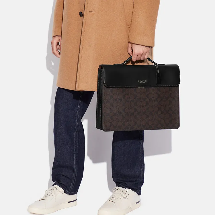 COACH Graham Coated Canvas With Calfskin Handbag Briefcase Tubas Men's Black & Dark Khaki-3