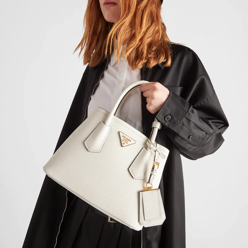PRADA Double Leather Shoulder Bag Crossbody Bag Handbag Mini Women's White-4