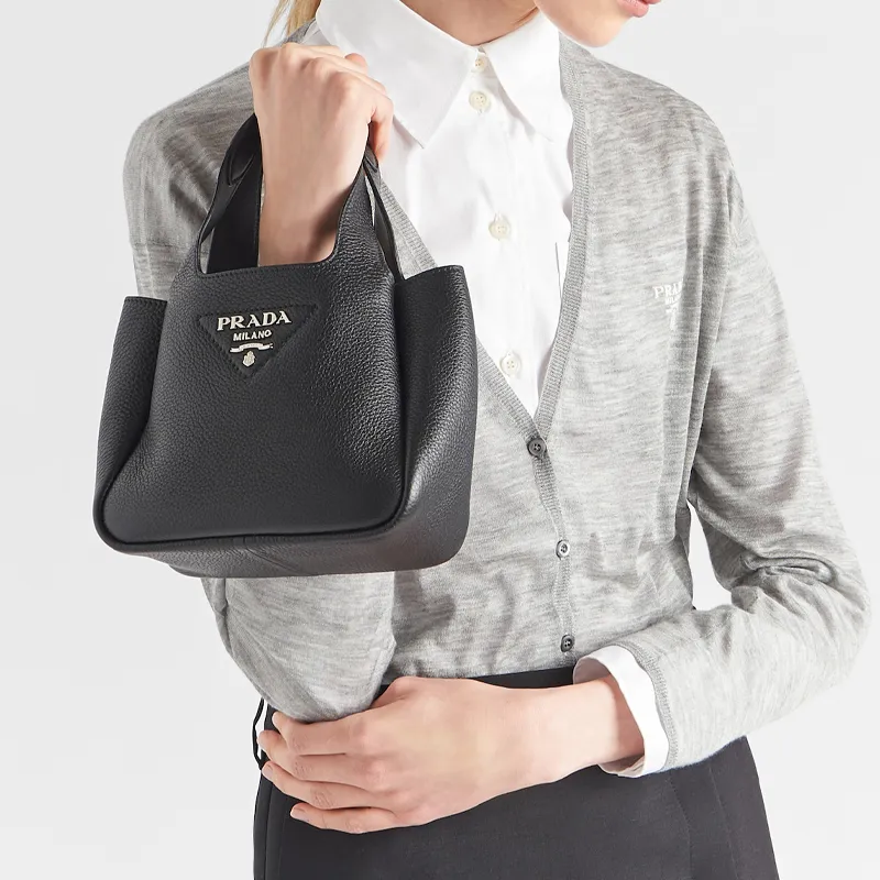 PRADA Cow Leather Litchi Grain Basket Bag, Tote, Bucket Bag, Shopping Bag Women's Black-7