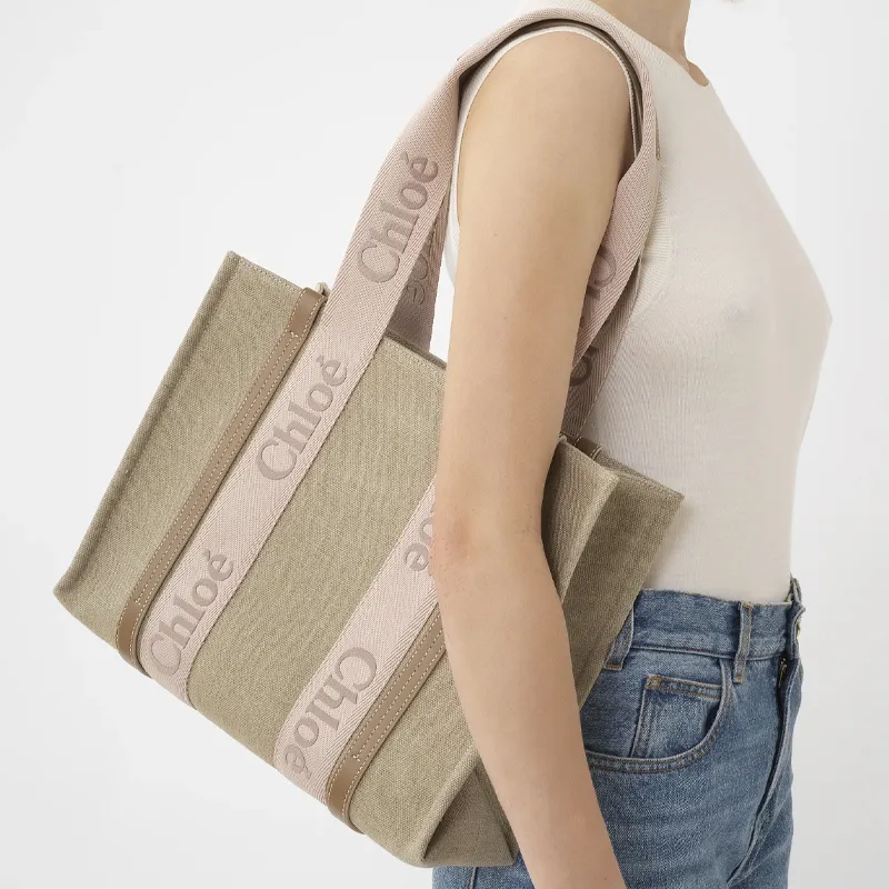 Chloe Woody Linen Canvas With Calfskin Canvas Bag Tote Bag Shopping Bag Shoulder Bag Handbag Regular Women's Pink/Beige-5