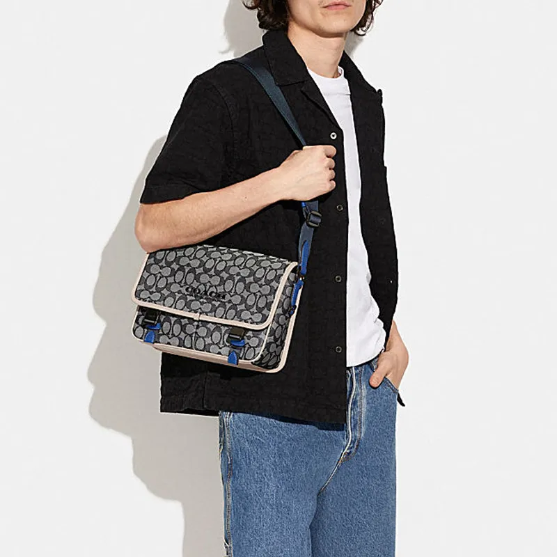 COACH League Jacquard Fabric With Calfskin Messenger Bag, Shoulder Bag, Crossbody Bag Men's Gray-3