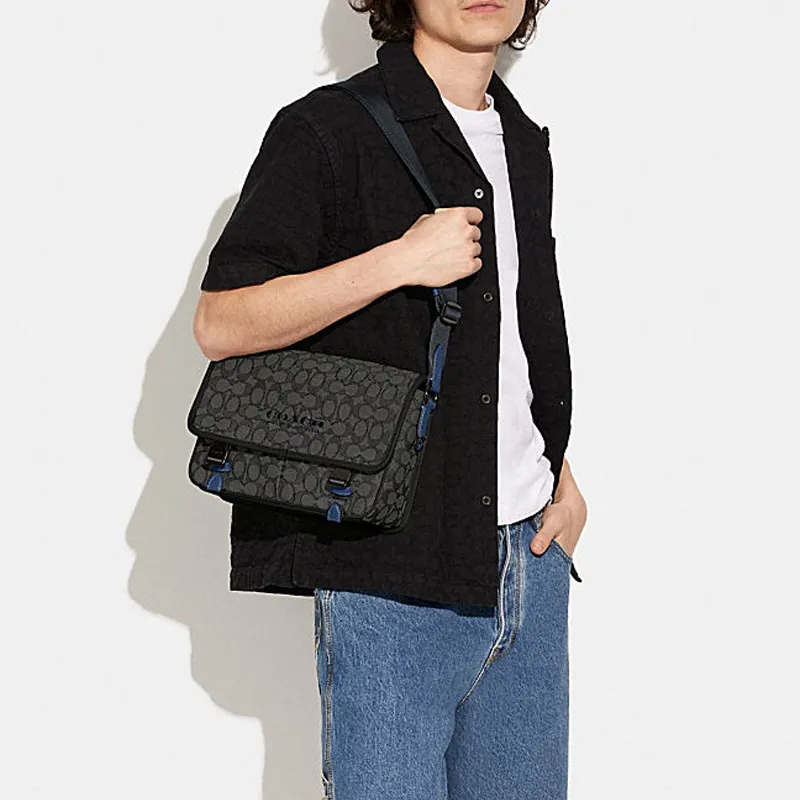 COACH League Jacquard Fabric With Calfskin Messenger Bag, Shoulder Bag, Crossbody Bag Tubas Men's Black-5
