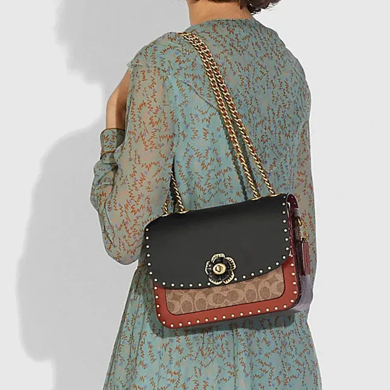 COACH Madison Cow Leather With Snake Skin Envelope Bag, Crossbody Bag, Shoulder Bag Medium Size Women's Black & Brown-3