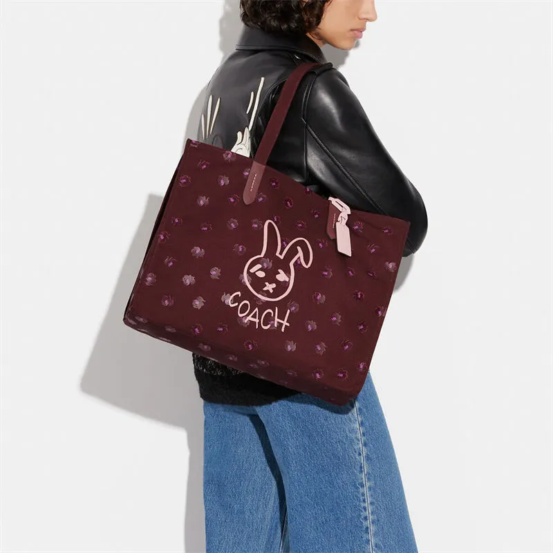 COACH Canvas With Leather Tote Bag, Shopping Bag, Canvas Bag, Handbag, Shoulder Bag Women's Burgundy-4