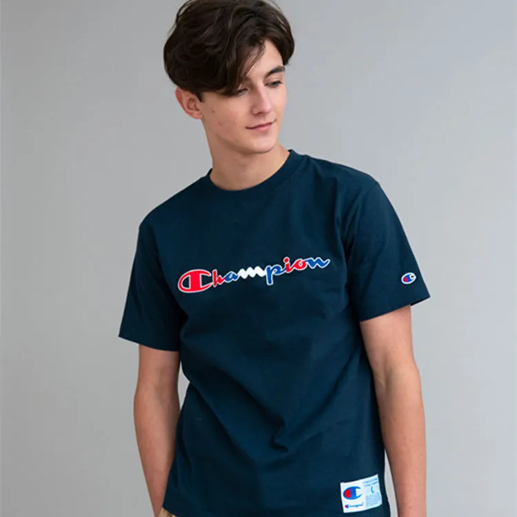 Champion Crew Neck Loose Fit Straight Short Sleeved T Shirt Japan Version Unisex Navy Blue-1
