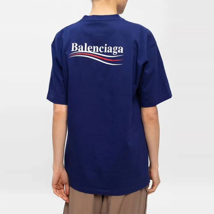 Balenciaga Drop Shoulder Sleeve T Shirt Women's Dark Blue Loose Fit Style-3