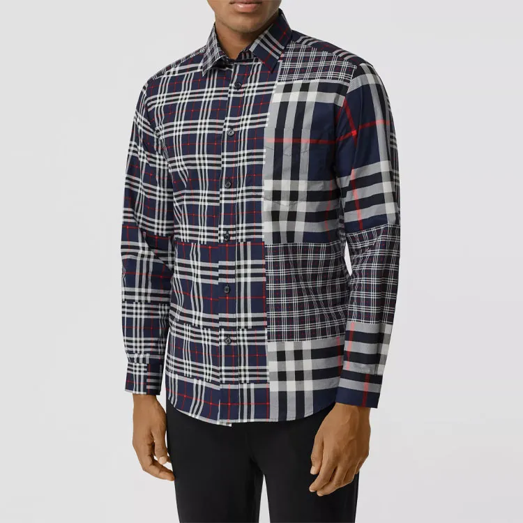 Burberry Check Spliced Square Collar Single-Breasted Shirt Dark Gray-2