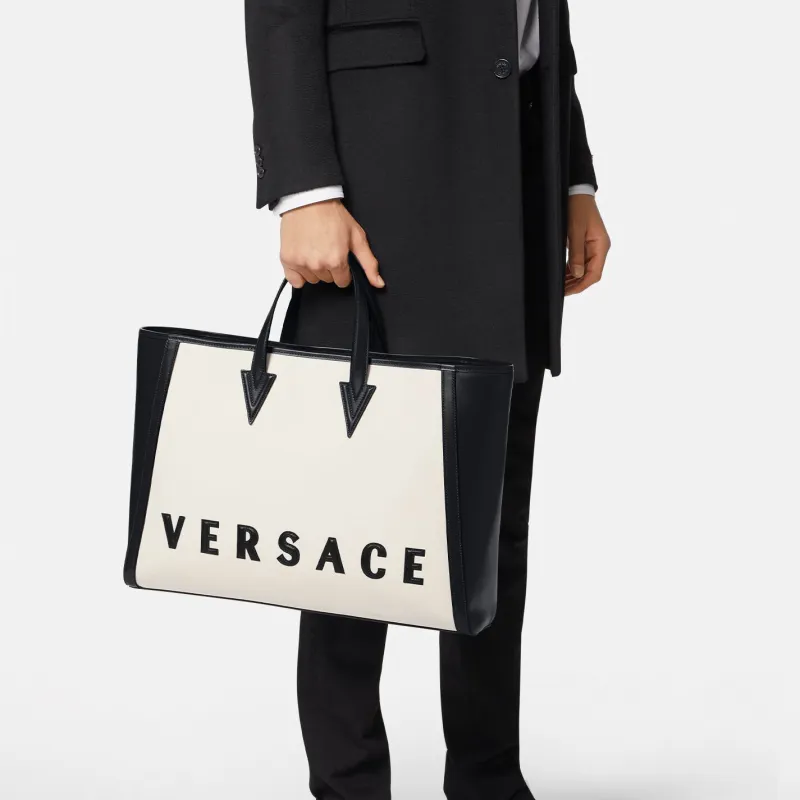 VERSACE Cow Leather Tote Bag Shopping Bag Handbag Shoulder Bag Regular Men's Black White-2