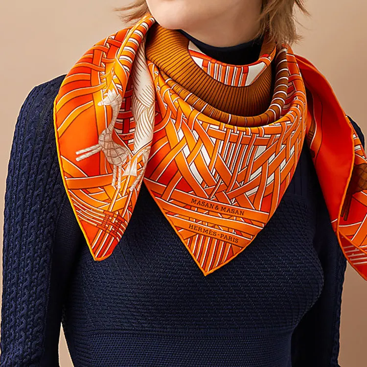 HERMES Masan & Masan Silk Scarves Women's Orange-4