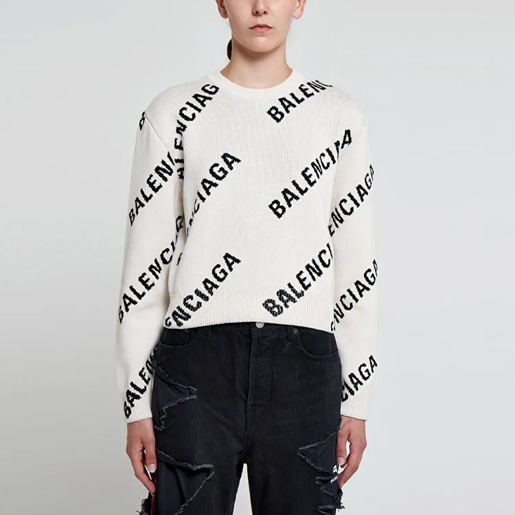 Balenciaga Allover Logo Crewneck 'Chalky White/Black'-4