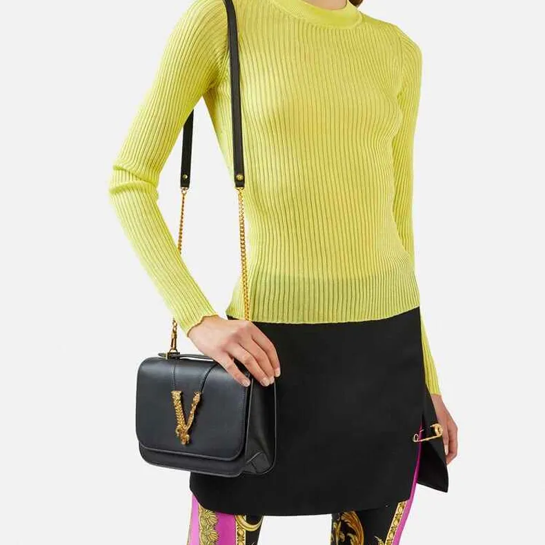 VERSACE Virtus Leather Shoulder Bag Crossbody Bag Women's Black-4