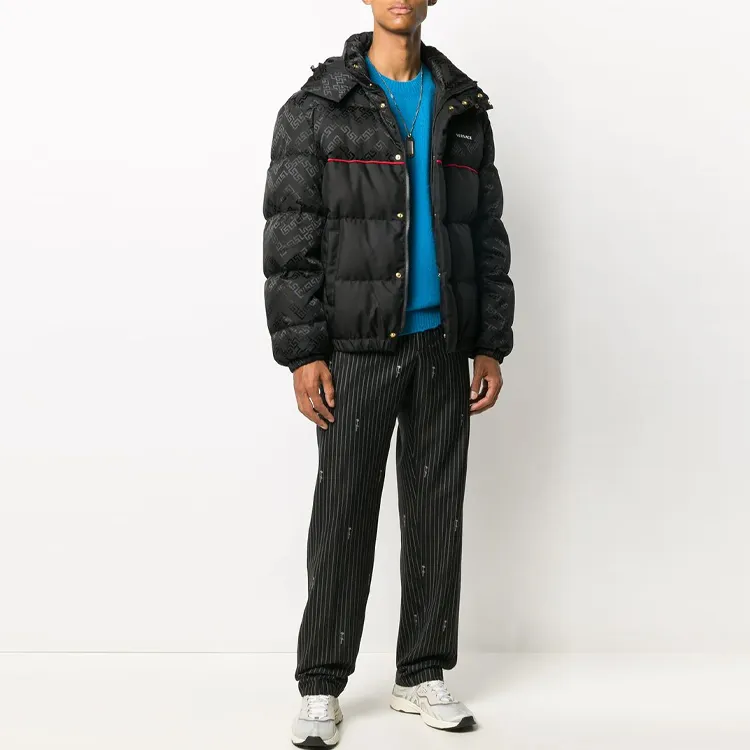 VERSACE Solid Color Detachable Hood Down Jacket Men's Black-1