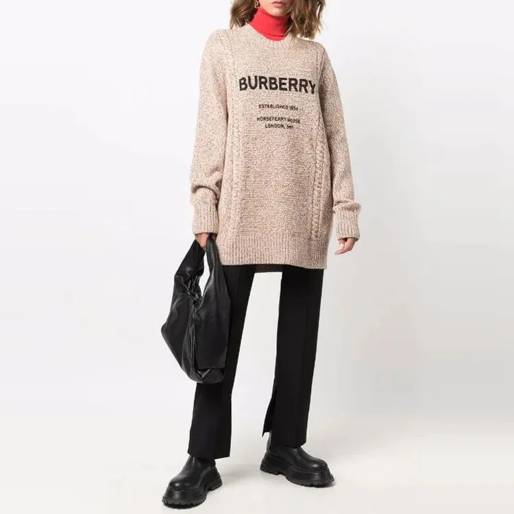 Burberry Mabel Horseferry Logo Print Oversize Wool & Cotton Sweater Camel-3