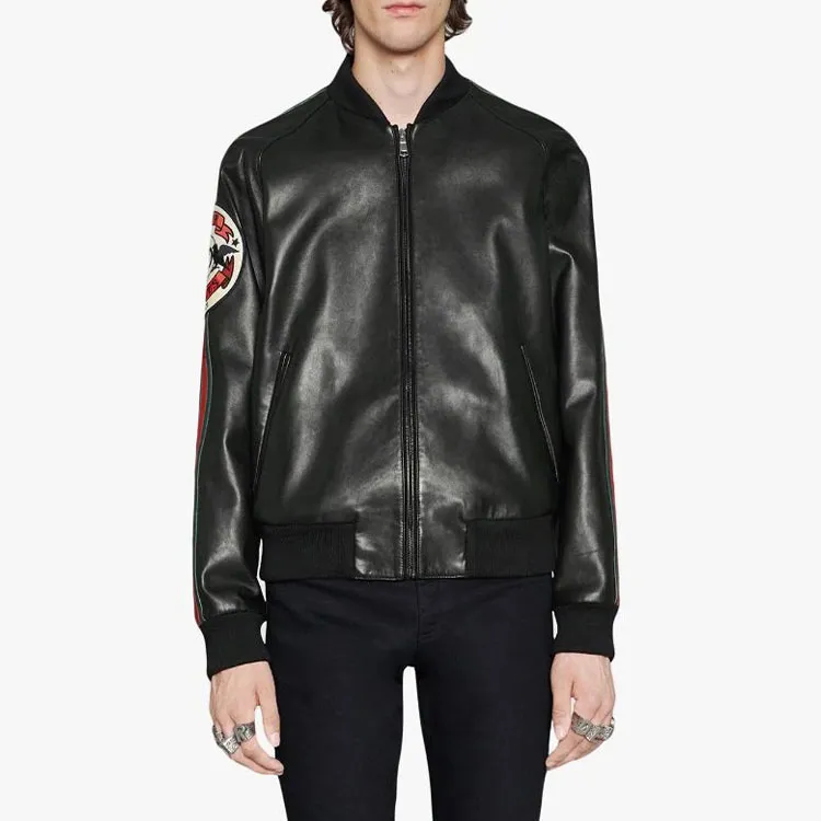 GUCCI Leather Bomber Jacket With Patch-1
