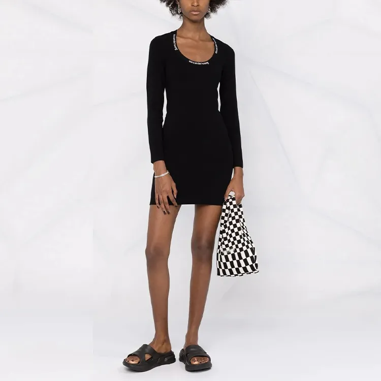 T By Alexander Wang Bodycon Ls Logo Jacquard Trim Scoop Neck Dress Black-1