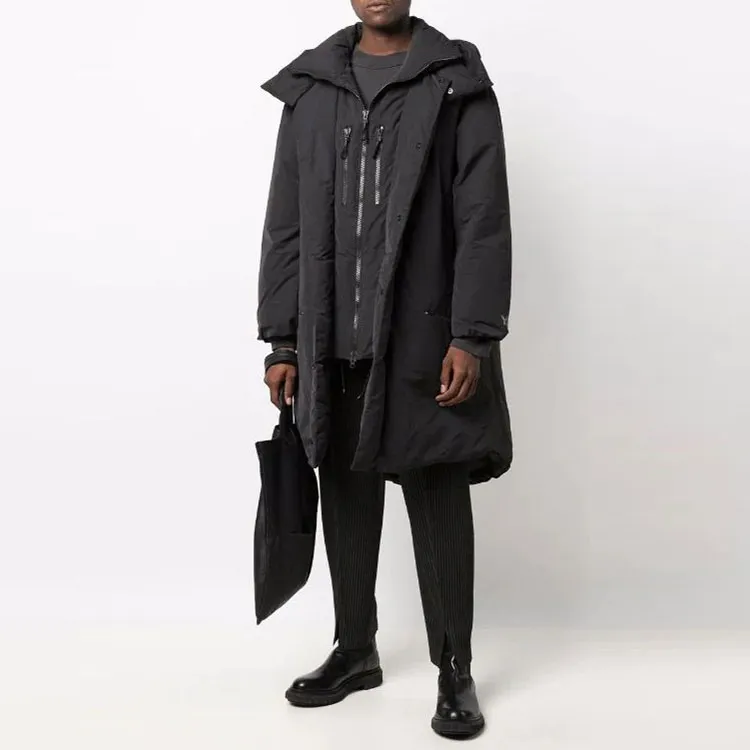 Y 3 FW21 Solid Color Hooded Mid Length Down Jacket Men's Black-1